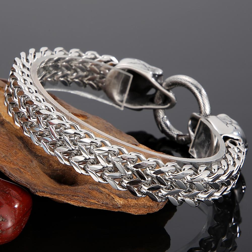 Punk Rock Double Skull Head Face Design Men's Bracelet 11MM Width Stainless Steel Square Franco Link Chain Skeleton Jewelry Male