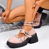 Fashion Pink Lolita Wedges Pumps for Women Rivet Metal Chain Chunky Platform Mary Jane Shoes Ankle Buckle Thick Sole Uniform Shoes