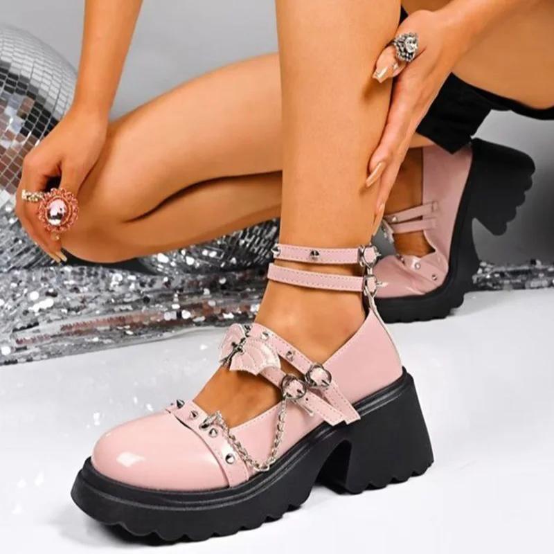 Fashion Pink Lolita Wedges Pumps for Women Rivet Metal Chain Chunky Platform Mary Jane Shoes Ankle Buckle Thick Sole Uniform Shoes