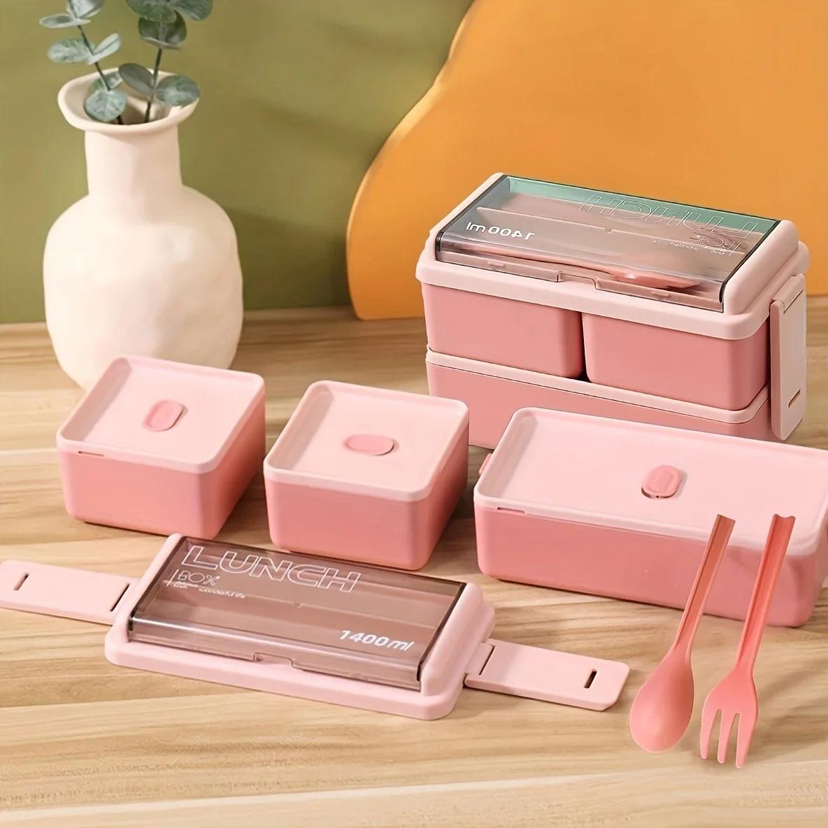 

1pc-Lunch Box Thickened Plastic Divided Compartment Double Layer Meal Box Office Worker Bento Box Microwave Oven Available 3&1400ml&2 розовый