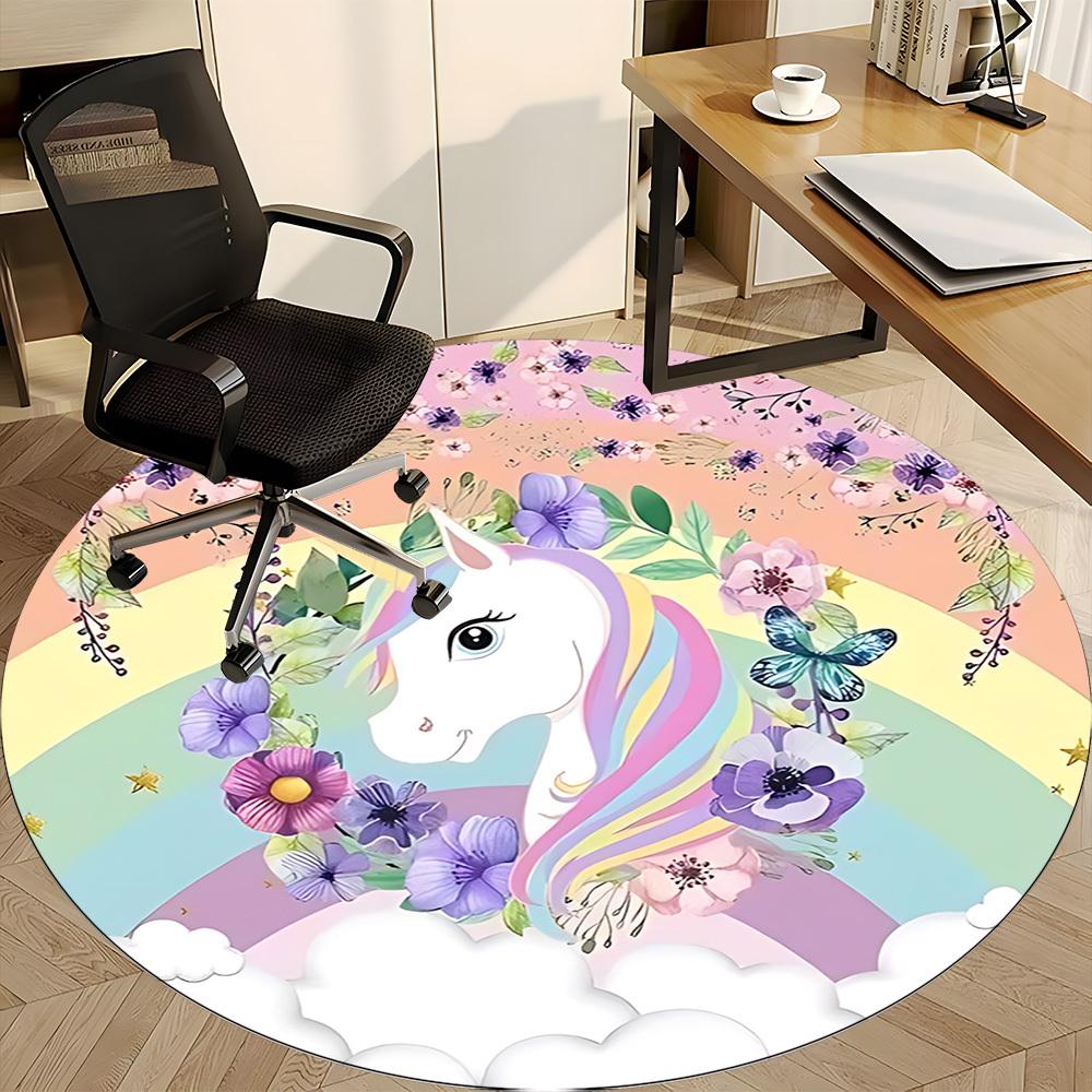 1pc Unicorn Rainbow Flowers Chair Carpet for Office, Round Polyester Mat, Indoor Decor for Office, Easycare Fabric, Washable Non-slip Area Carpet