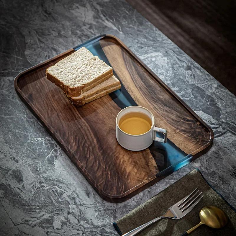 Black Walnut Resin Tea Tray Wooden Rectangular Tray Household Fruit Plate Solid Wood Small Tea Table Wooden Tray