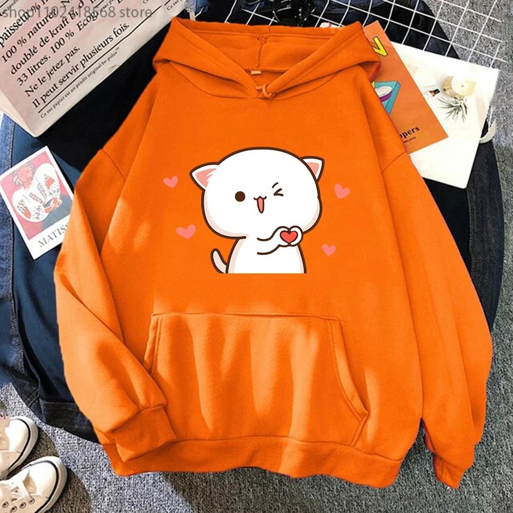 Women Hoodies Kawaii Peach Cat Cartoon Print Sweatshirt Mochi Heart Love Winter Cartoon Sudadera Clothing