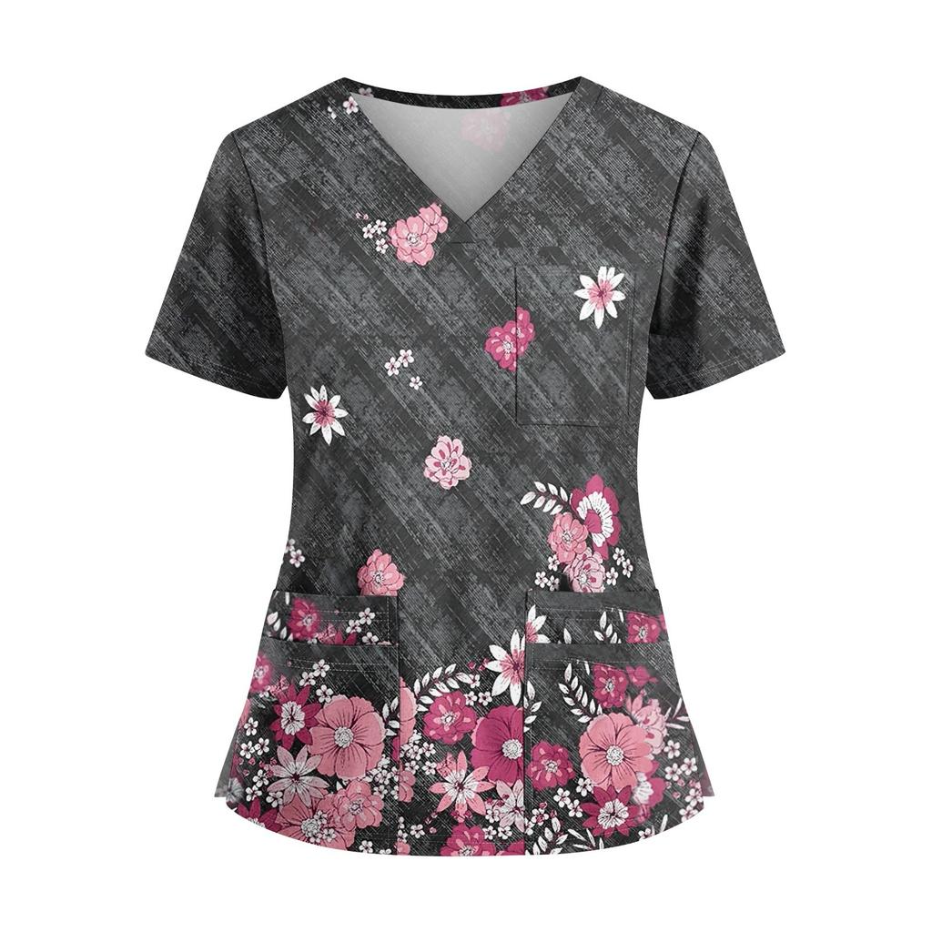 Plus SizePrinted Scrub Working Uniform Tops For Women's Cross V-Neck Halloween Print Short Sleeve Fun T-Shirts Workwear Tee With Pockets