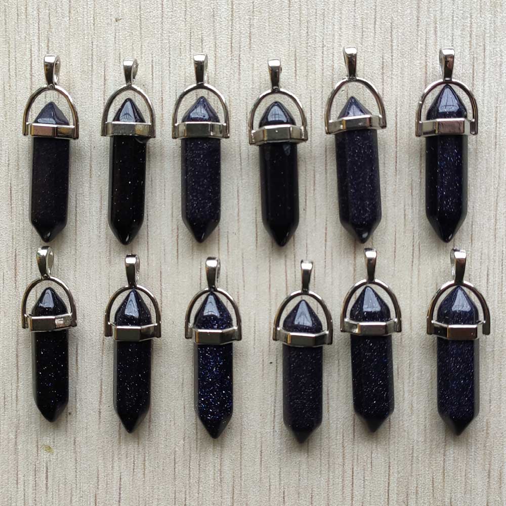 Natural stone quartz aventurine lapis crystal hexagonal pillar Pendants for Jewelry accessories 12pcs