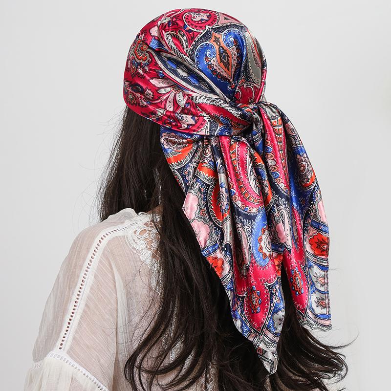 90cm Square Silk Scarves Women Hijab Shawls Paisley Cashew Flower Print Kerchief Femme Head Scarf Foulard Bandana Beach Pareo