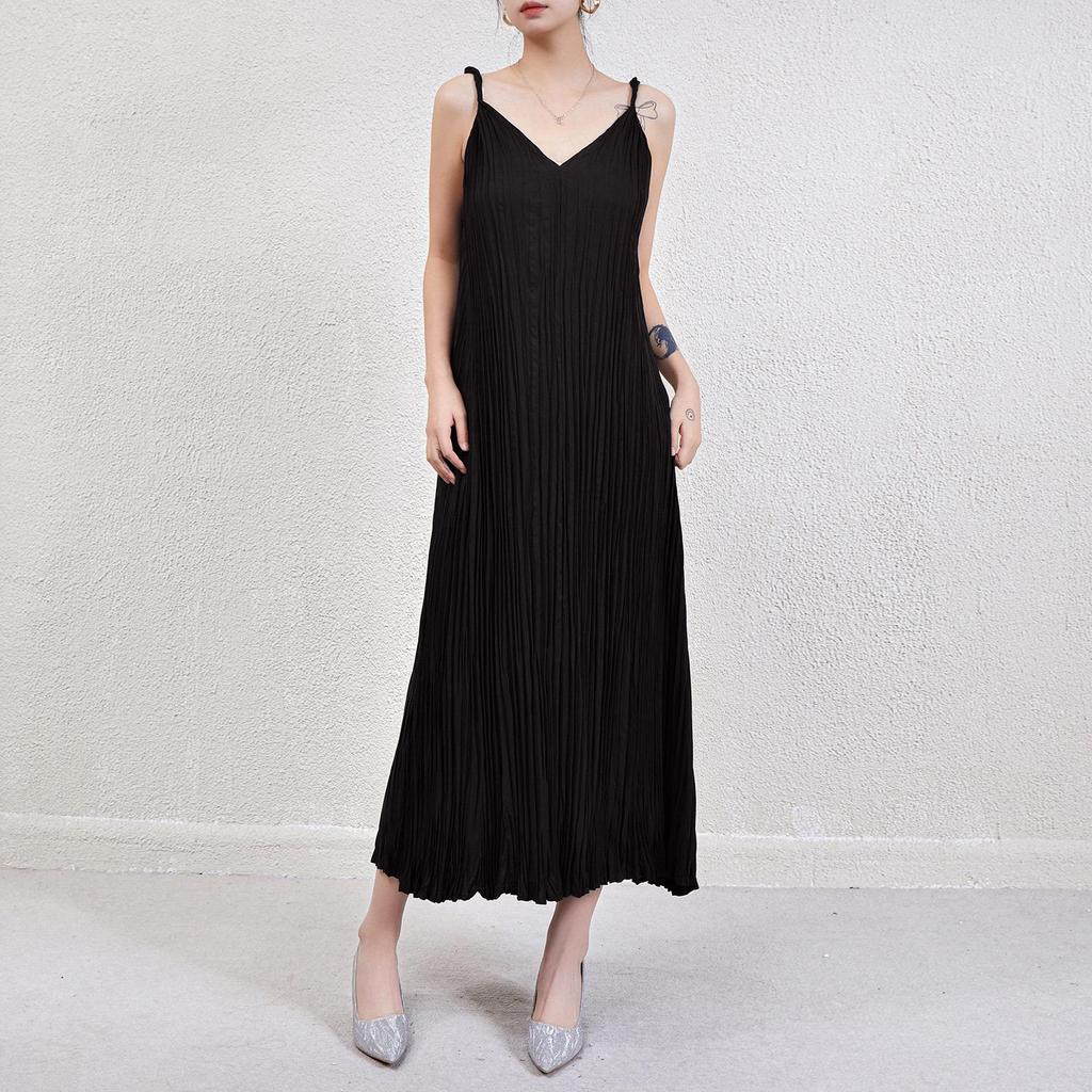 Summer French Sleeveless Pleated Spaghetti Strap Maxi Dress