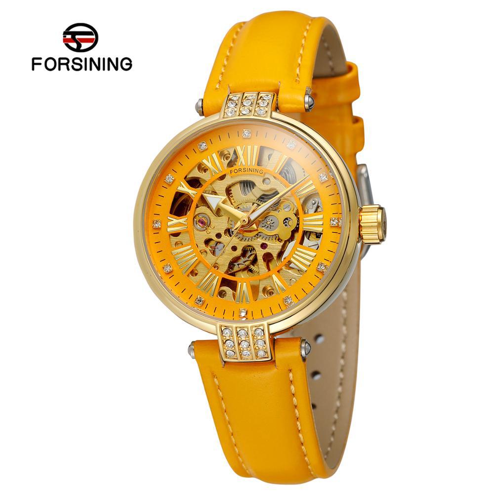 

Forsining Новые женские модные и досуговые полые механические часы со стразами, водонепроницаемые механические часы жёлтый