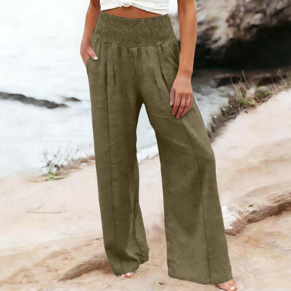 Women's Casual Fashion Cotton Linen Elastic Waist Pants With Pockets