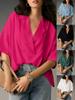 Women's Summer New Short Sleeve Stand Collar Casual Loose Top Solid Color Blouse