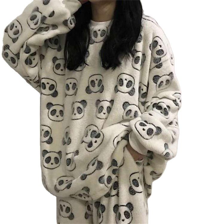 Damen Korallenfleece Cartoon Pyjama Set – Dicke, warme Flanell Hauskleidung für Herbst/Winter