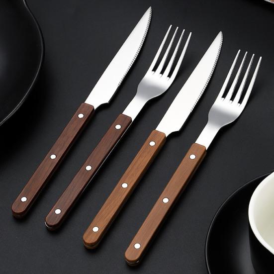 Geschirrset Klassisches Französisches Design 5-teiliges Edelstahl-Besteck mit Imitation-Holzgriff Spülmaschinenfest Besteckset Rostbeständig Steakmesser