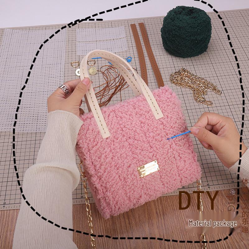 Bolsa de Pelúcia Tecida em Grade Estilo TikTok DIY - Bolsa de Ombro Feminina Retrô Fashion
