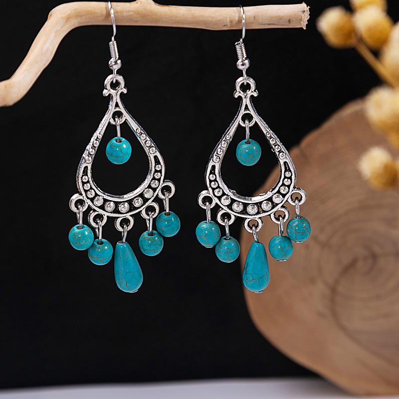 Retro Ethnic Blue Turquoise Owl & Tassel Earrings