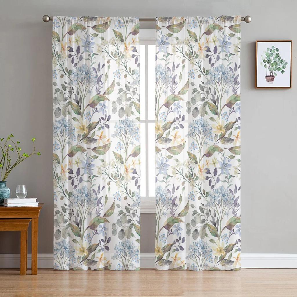 Spring Flowers Hydrangeas Sheer Curtains Transparent Voile Tulle for Bedroom Window Holiday Decoration
