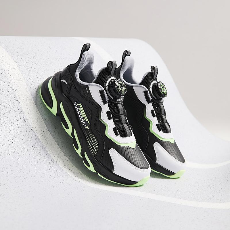 Anta Kids Synthetic Leather Fabric Trendy Versatile Lightweight Shock Absorption Low-Top Running Shoes Kids Sneakers Black White Green A12435523N-1