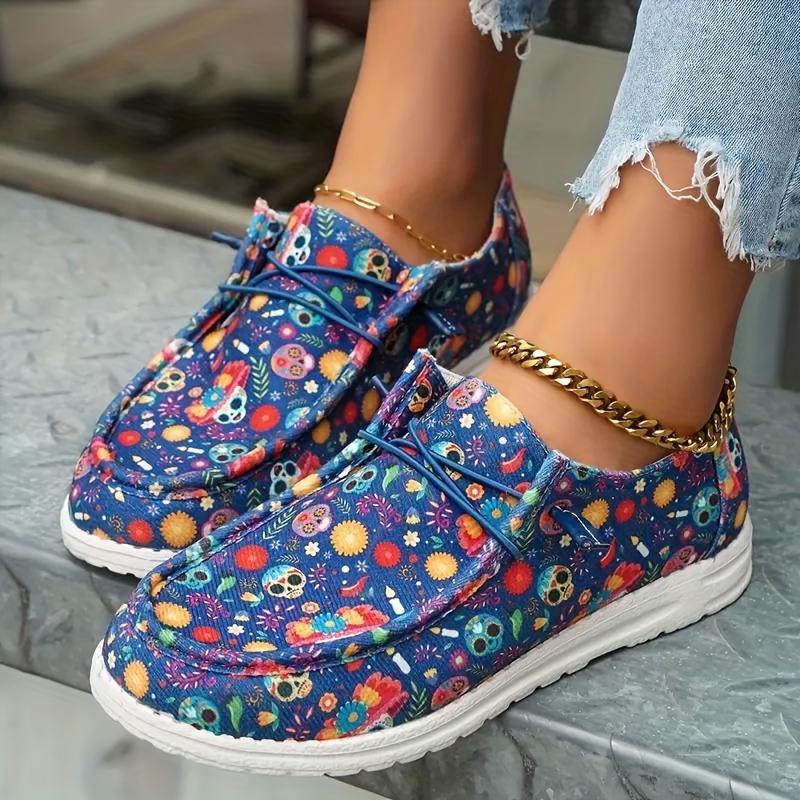 Women's Gothic Floral Skull Print Sneakers - Anti-Slip TPU Upper Round Toe Casual Skate Shoes with Arch Support All-Season Flat Sole for Skateboarding