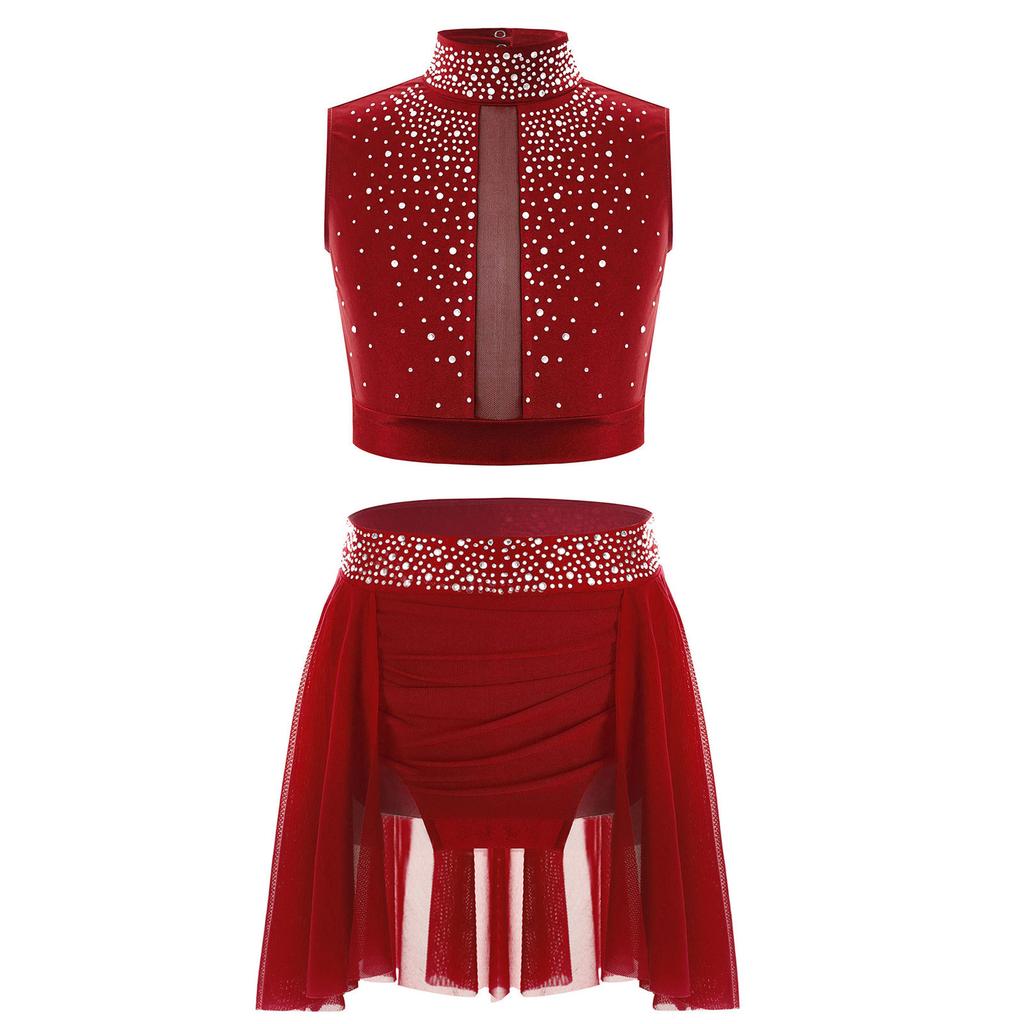 Dívčí taneční vystoupení outfit falešný rolák bez rukávů klíčová dírka na zádech lesklé kamínky crop top sukně