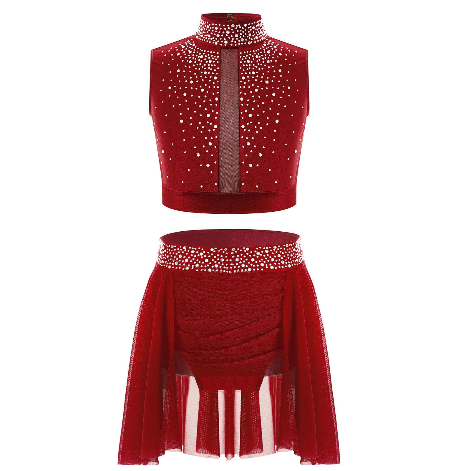 

Дівчачий кроп-топ з імітацією високої горловини та вирізом-краплею на спині, блискучі стрази, танцювальний костюм зі спідницею з драпіруванням нерівного крою 15-16 Years бордовий