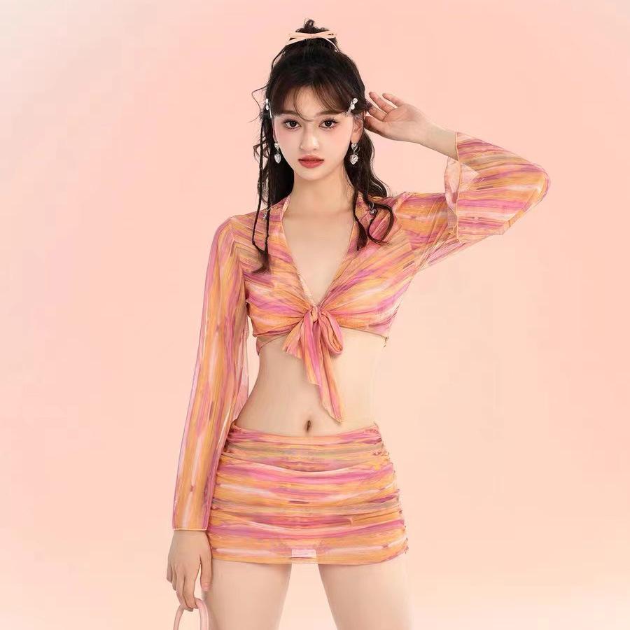Bikini Swimsuit Women's Split Four-piece Set Long-sleeved Sunscreen Fashion Striped Sexy Vacation Hot Spring Swimsuit