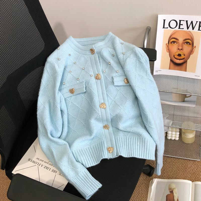 

Премиальный ромбовидный вязаный кардиган топ женский осенне-зимний нежный вариант мягкий ворсистый свитер куртка светло-синий