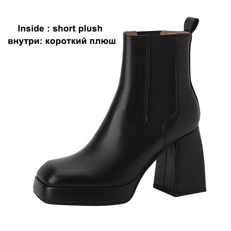 

Meotina/женские ботильоны из натуральной кожи, ботинки «Челси» с квадратным носком, женские короткие ботинки на платформе и массивном высоком каблуке, осенне-зимняя обувь 34 чёрный