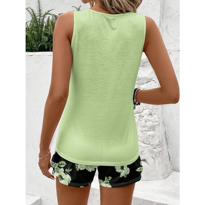 JKASHDK Women's Fashion Casual Summer Spring Flower Pattern Print Sleeveless O-Neck Trousers Pants Suits