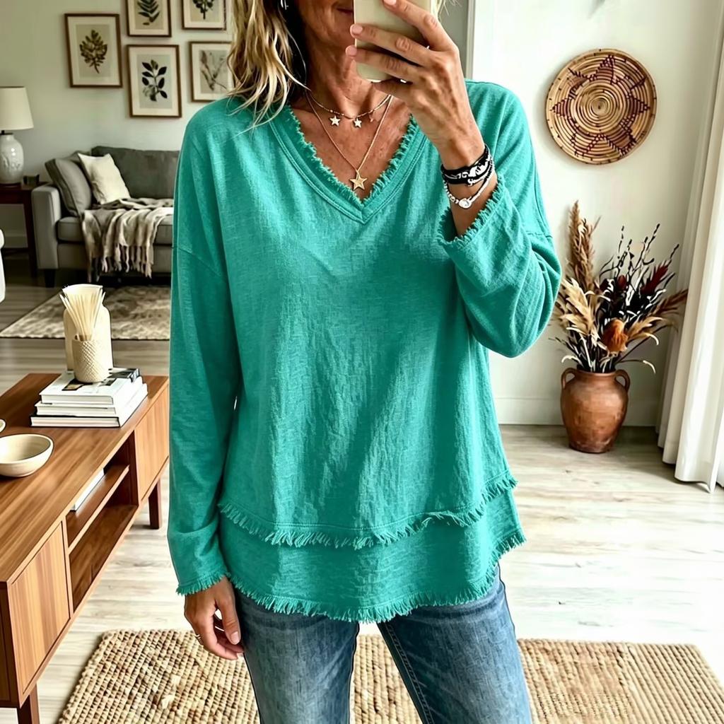 Women's Casual V-Neck Long Sleeve Cotton Linen Top Color