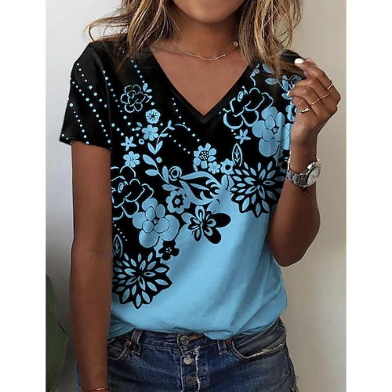 Women V Neck Floral Print Lace Patchwork Short Sleeve Casual T Shirt