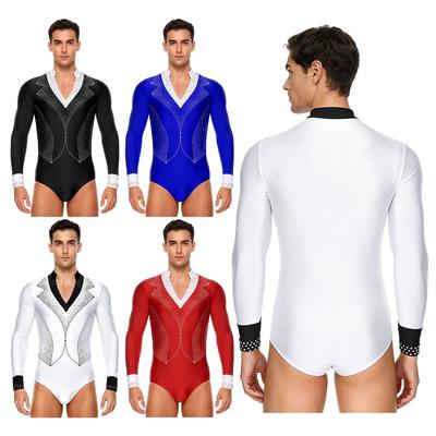 Mens Figure Skating Shiny Rhinestones Bodysuit V Neck Long Sleeve Openable Crotch Contrast Color Leotard Latin Ballet Jumpsuit