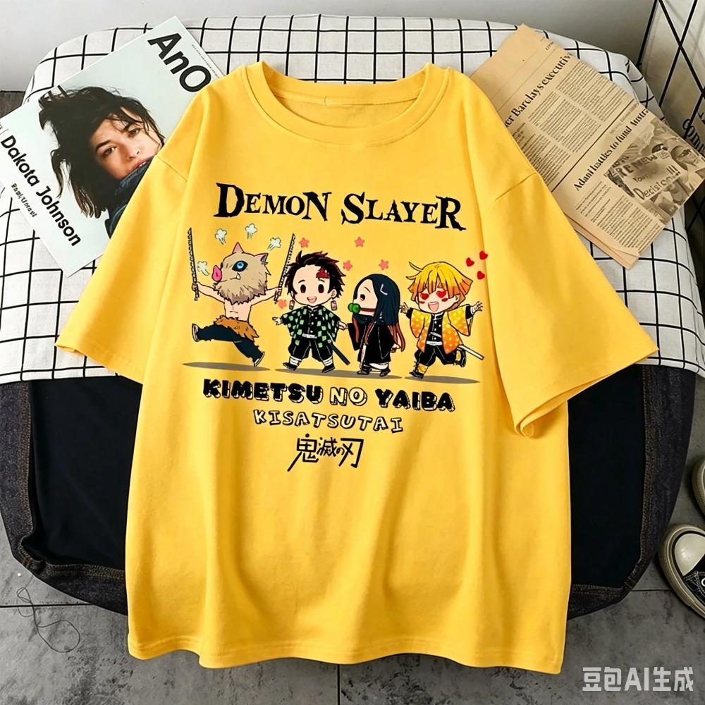 Plus Size Demon Slayer Summer Anime Printed Men, Women T-shirt Casual Parent Child Top Fashion Street Wear Harajuku Style Y2K
