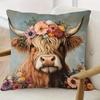 1Pc Boho Cow Floral Decor Pillow Cover - 18"X18" Polyester, Highland Cow With Vibrant Flower Crown Design, Zip Closure, Hand Was
