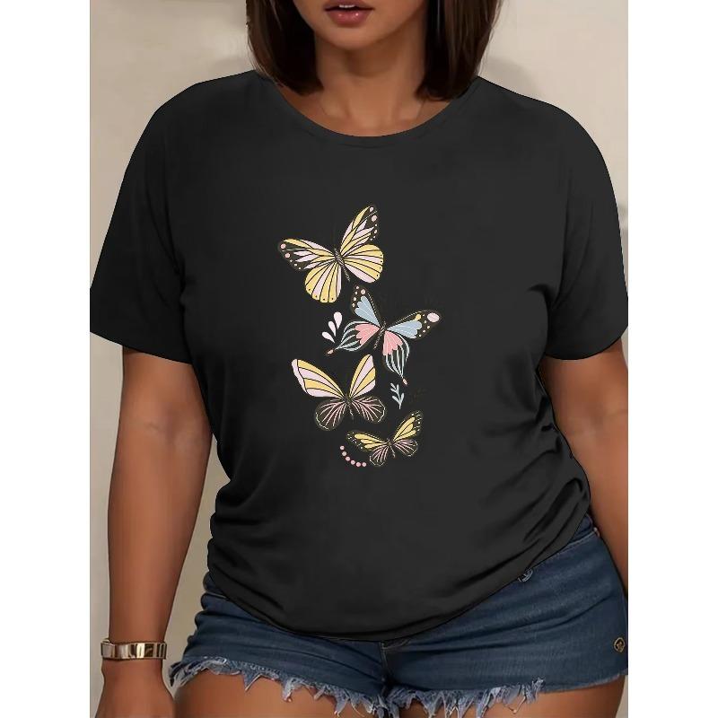 

European Size Women s Flying Butterfly Printed Short-sleeved Shirt, Suitable for Daily Wear, Made of Soft and Breathable Polyester Fiber 4XL чорний