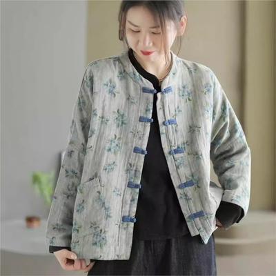 Woman Autumn Chinese Style Vintage O-Neck Sleeve Coat Loose Long Sleeves Single Breasted Coat