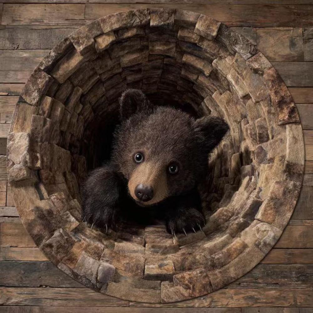 

3D Bear Cave Realistic Bear Carpet 60*60cm Dirt-scraping Surface Circle Carpet Household Water Absorption Carpets
