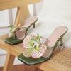 Fashion Liyke Fashion Design Flowers Pinch Narrow Band Square Toe Thin High Heels Flip Flops Women Slippers Sandals Outdoors Party Shoes