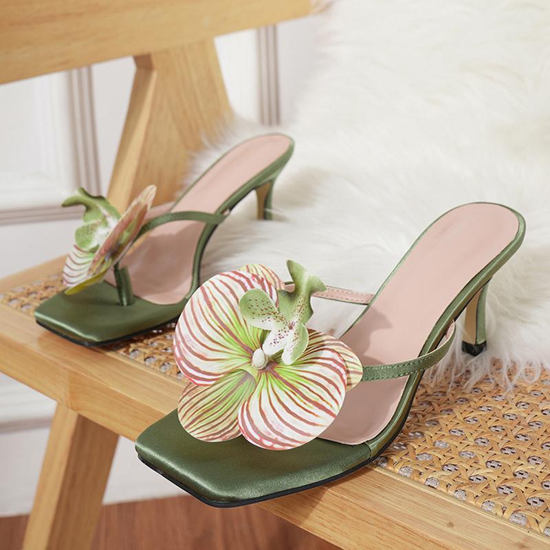 Fashion Liyke Fashion Design Flowers Pinch Narrow Band Square Toe Thin High Heels Flip Flops Women Slippers Sandals Outdoors Party Shoes