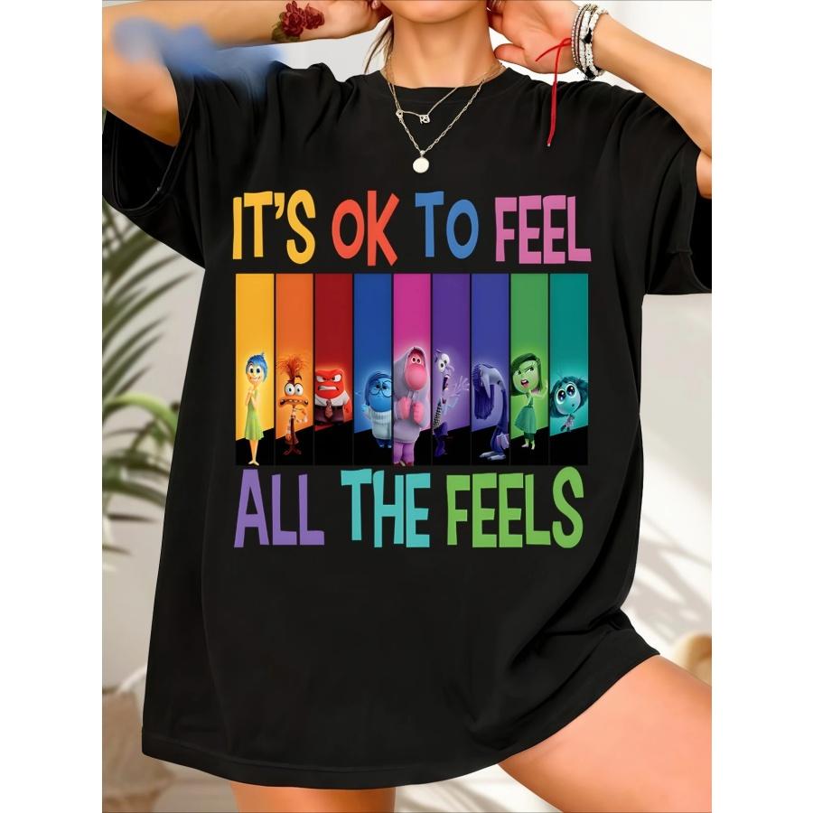 

Inside Out Inspirational Women S T-Shirt - _It S OK to Feel All the Feels_ Cartoon Graphic Tee Casual & Breathable Top S чёрный