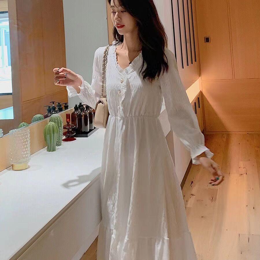 Student Spring French White Long Sleeve Dress for Women, Waist Empire Line, Slim Fit, Midi Length