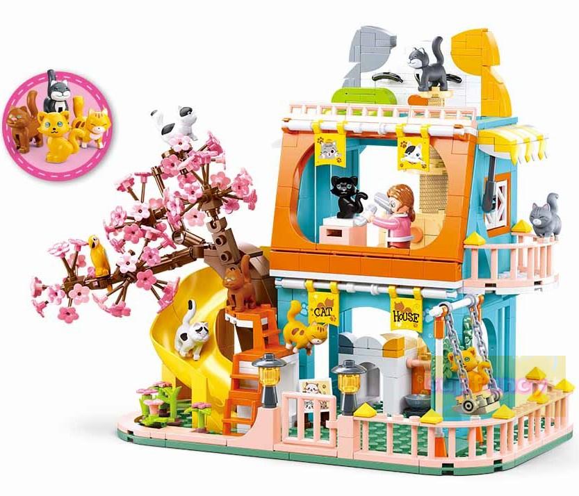 Sluban Girls Construction Blocks Cat Hotel Sakura Tree Villa Cute Pet House Educational Diy Construction Plaything For Kids Birthday Present