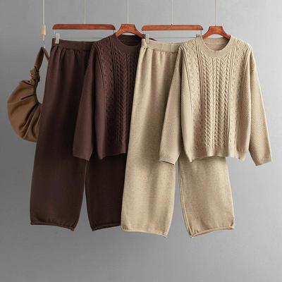 Autumn And Winter Loose Pullover Sweater Women's Set Knitted Wide Leg Pants Fashion Two-piece Set