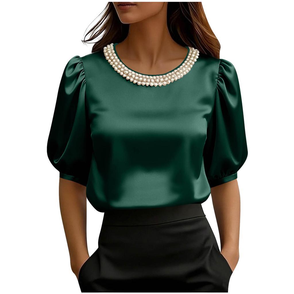 Women's Fashion Loose Fit Satin Pearl Collar Short Sleeve Blouse Top Casual Elegant Office Wear