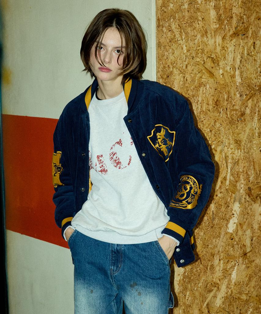 Magoodgan Varsity 5704 Corduroy Padded Wappen Navy Oversized Stadium Jacket