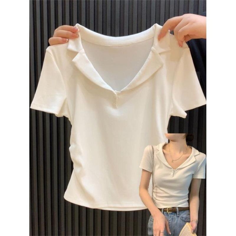 Cotton Ribbed V-neck POLO Shirt Short-sleeved T-shirt Women's Summer Slim Fit with Short Pleated Waist Half-sleeved Top Tide