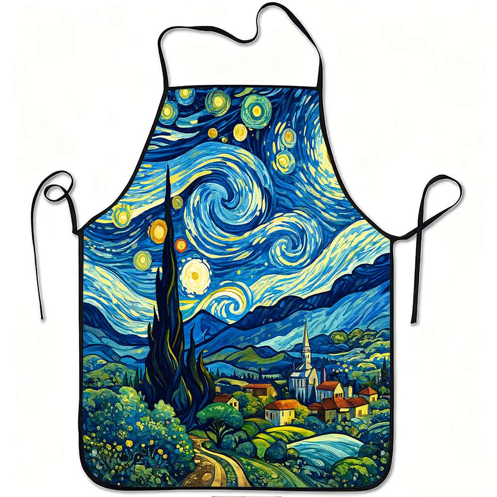 1pc Starry Night Artistic Print Apron Durable Polyester, Adjustable Waistband, Ideal For Kitchen Cooking, Gardening Aprons