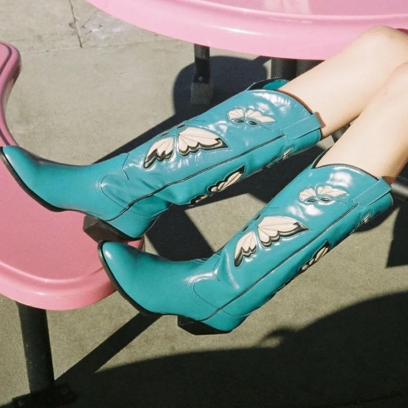 Fashion 2025 Brand New Big size 43 Red Butterfly Cowboy Boots for Women Black Vintage Slip On Cowgirls Knee High Boots Shoes