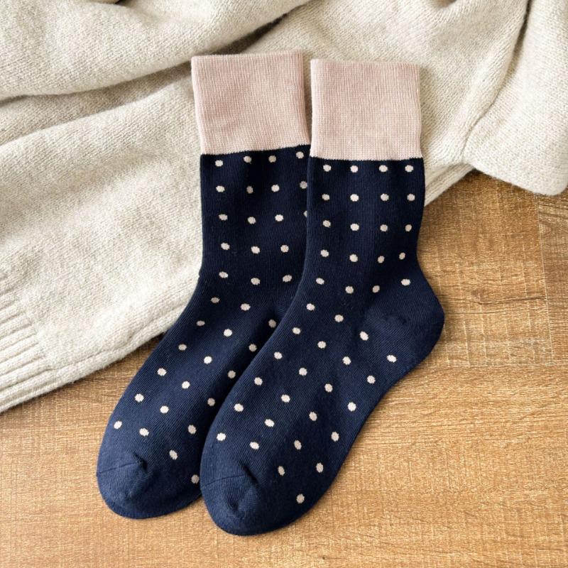 Mid-calf Socks for Women, Spring and Autumn Color-blocking Pile Socks, Retro Polka Dot School Style Cotton Socks for Women