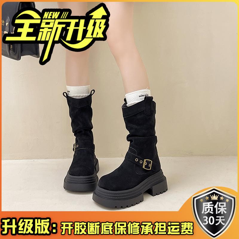 Korean version suede short boots autumn and winter retro versatile warm pile boots women's fashion boots thick-soled belt buckle knight boots