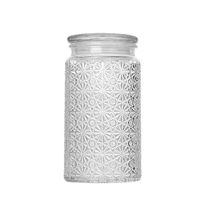 Retro Embossed Glass Storage Jar with Bamboo Lid for Tea and Grains, Large Capacity.