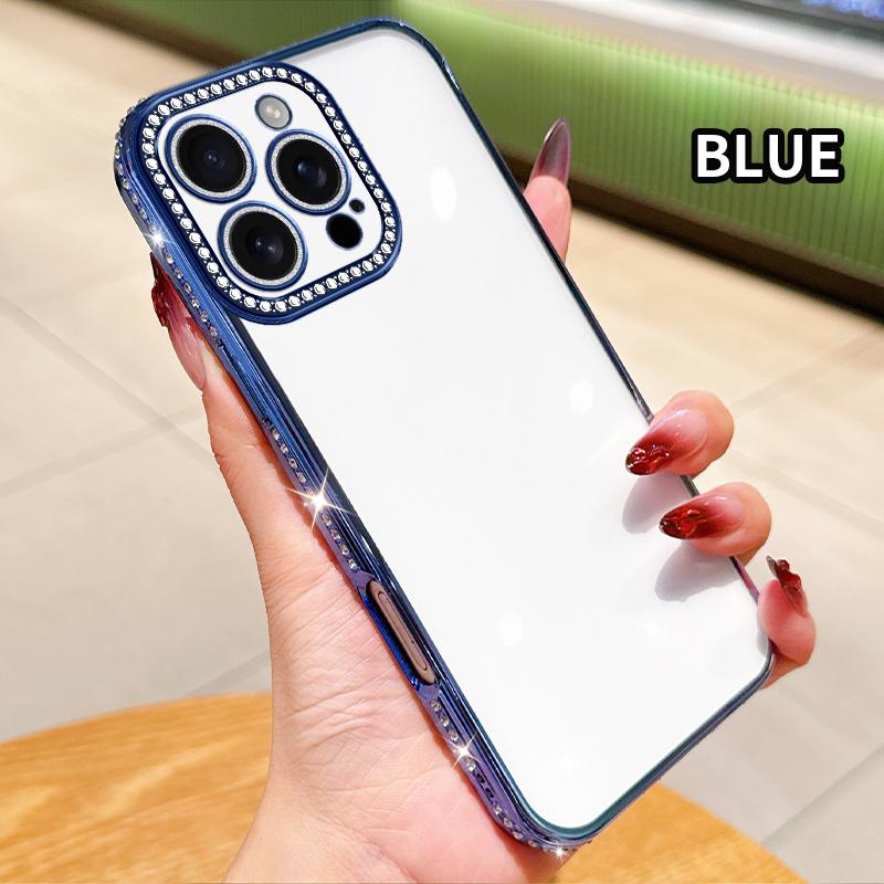 

Бриллиантовый Прозрачный Чехол из Силикона с Покрытием для iPhone 16 16E 11 14 13 12 15 Pro XS Max XR Мягкая Задняя Крышка For iphone16 синий